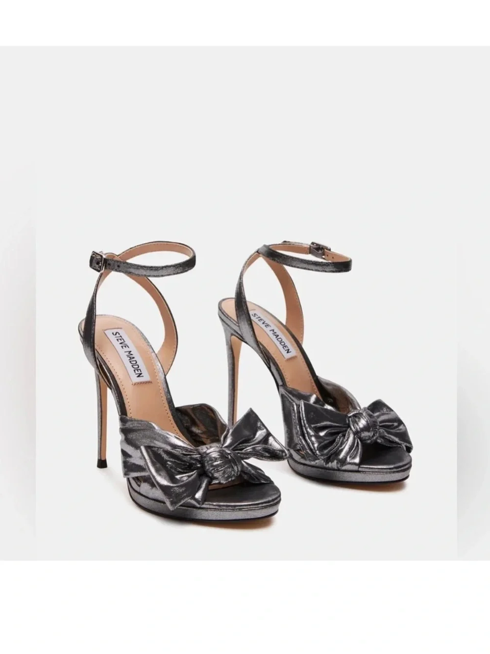 Steve Madden Gunmetal Metallic Silver Knotted Bow Ankle-Strap Heels